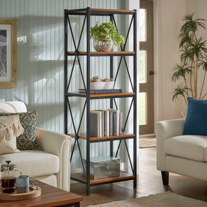 Eulia Four Tier Open Bookcase Black Metal Frame Warm Brown Shelves