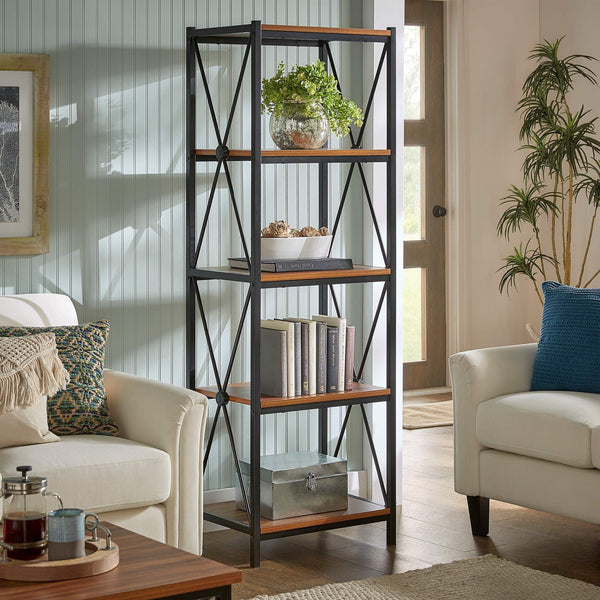 Eulia Four Tier Open Bookcase Black Metal Frame Warm Brown Shelves