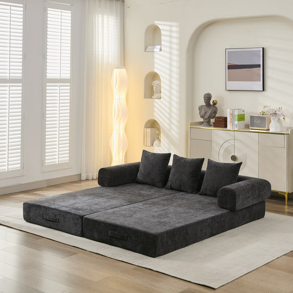 English Elm Comfy Chenille Convertible Folding Mattress Couch Sofa Bed with Armrest, Space-Saving, No Assembly Needed Black W1143P330250