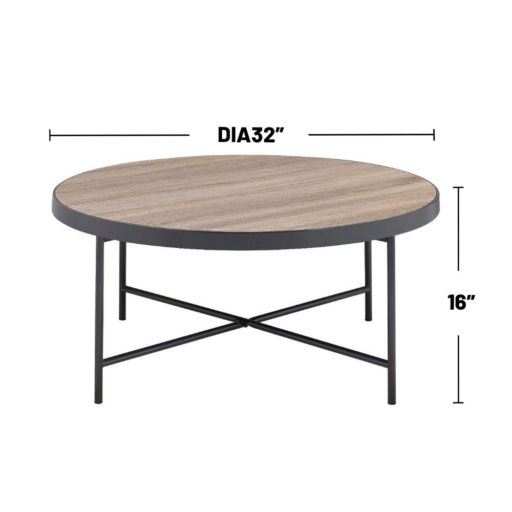 English Elm Round 33" Wooden Top Coffee Table with Weathered Gray Oak Finish, Industrial Metal Frame & Cross Stretchers B016P310526