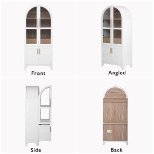 English Elm K&K Arched 71" Kitchen Pantry Cabinet with Glass Doors, Brass Handles, Adjustable Shelves & Drawer White N707P288969W