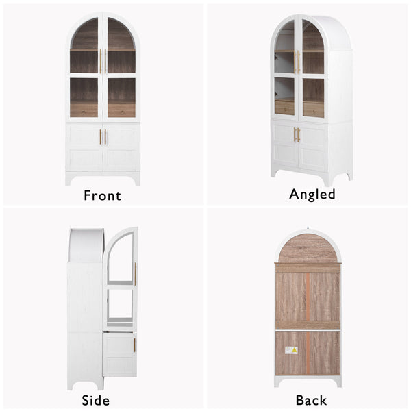 English Elm K&K Arched 71" Kitchen Pantry Cabinet with Glass Doors, Brass Handles, Adjustable Shelves & Drawer White N707P288969W