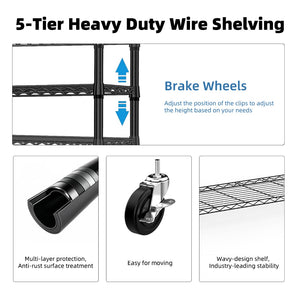 English Elm 1750 Lbs Carbon Steel Five Tier Wire Shelving Unit Heavy Duty Garage Storage Rack Black W5386P480703