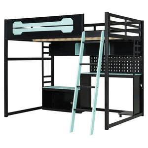 English Elm Full Size Gaming Loft Bed with Built-in Desk Led Lighting Usb Ports and Pegboard Black+Blue LT000270AAC