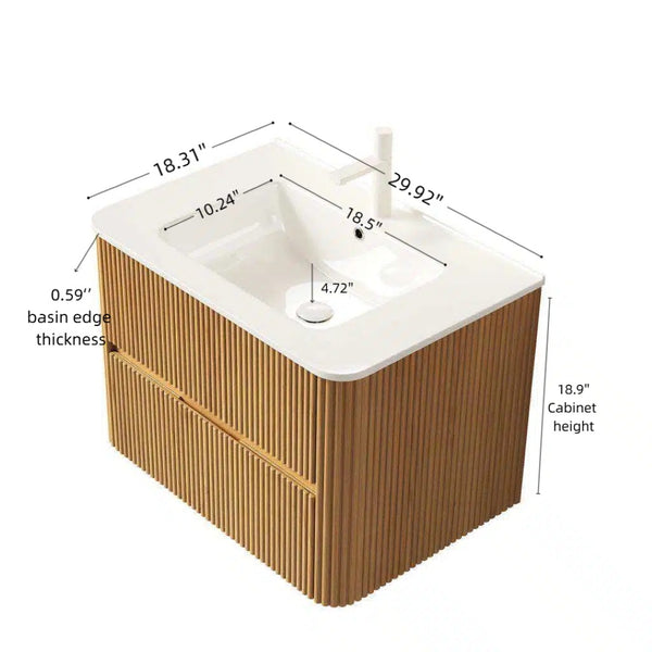 English Elm Noor Oak Veneer Floating Bathroom Vanity with Grooved Plywood Cabinet and Ceramic Basin W2615P380401