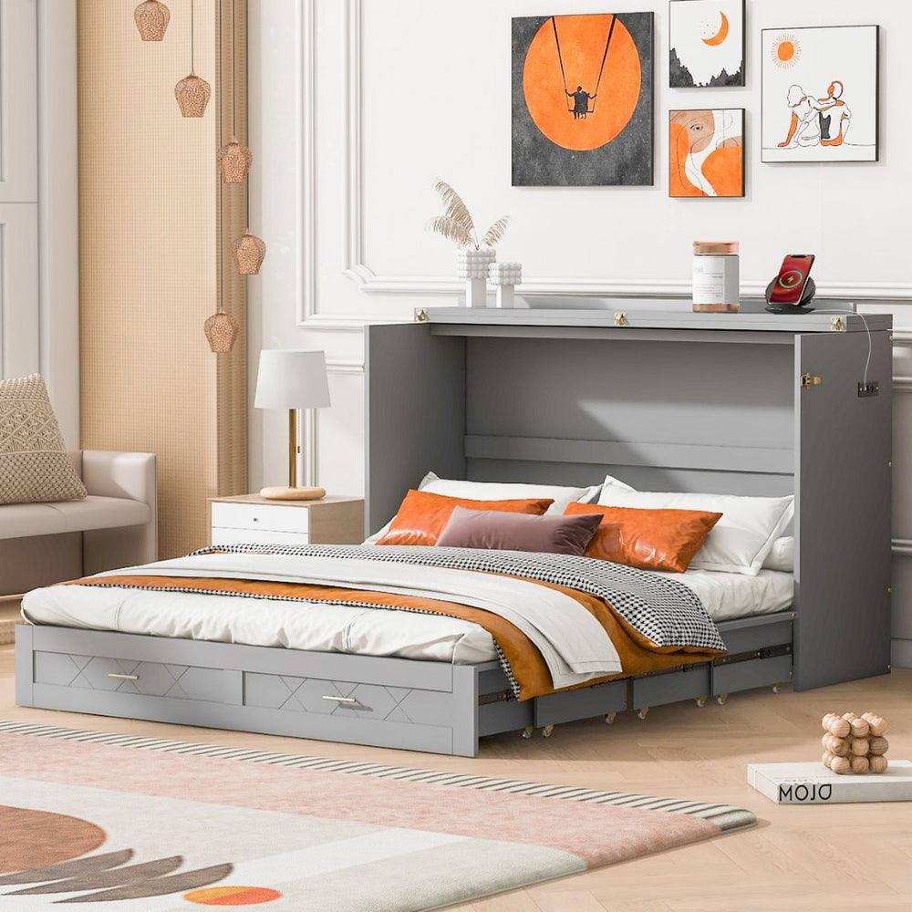 English Elm Queen Murphy Wall Bed Cabinet with Storage Drawer Built-in Power Outlets Usb Ports Gray LP000400AAE