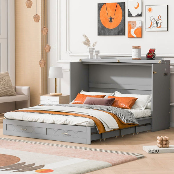 English Elm Queen Murphy Wall Bed Cabinet with Storage Drawer Built-in Power Outlets Usb Ports Gray LP000400AAE