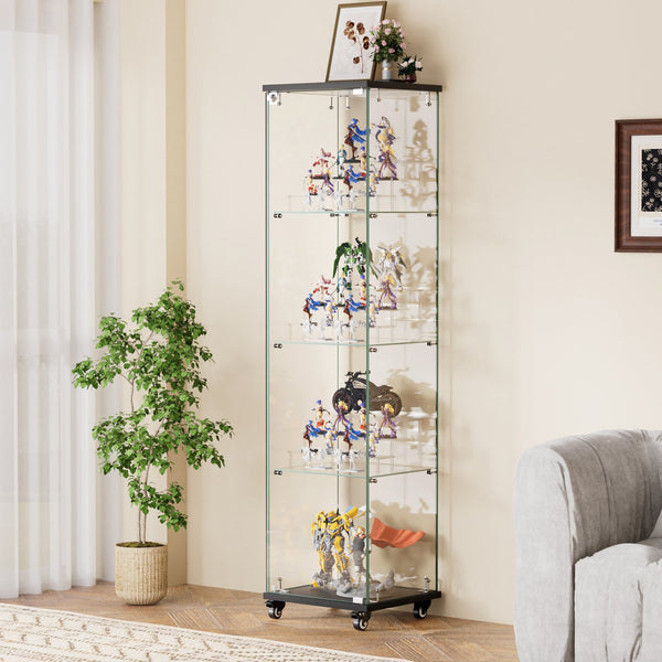 English Elm 4 Tier Glass Display Cabinet - Lockable Floor Standing Storage With Acrylic Shelves & Wheels For Versatility W1668P241902