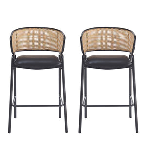 English Elm Christopher Knight Home® - Ethan Metal Upholstered Barstool Set of 2 — Faux Leather Cushions, Woven Rattan Back, Sleek Black Frame N775P290455B