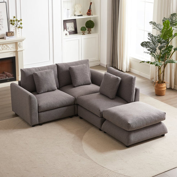 English Elm MH102.2 Modular 102.2" L-Shaped Sectional Sofa with Ottoman, 3 Cushions & Pillows, Upholstered Comfort Grey W1193S00138