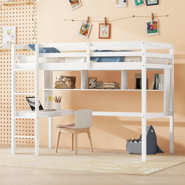 English Elm Twin Loft Bed with Built-In Desk and Bookcase, Pine Frame, Safety Guardrail, Ladder for Study Space White W504P181854