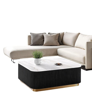 English Elm 3pc Modern Living Room Table Set with Open Bottom Shelf and Plinth Base in Medium Finish, Stylish centerpiece for seating areas Black,Gold,White 38 L x 38 W x 17 H B2741S00655