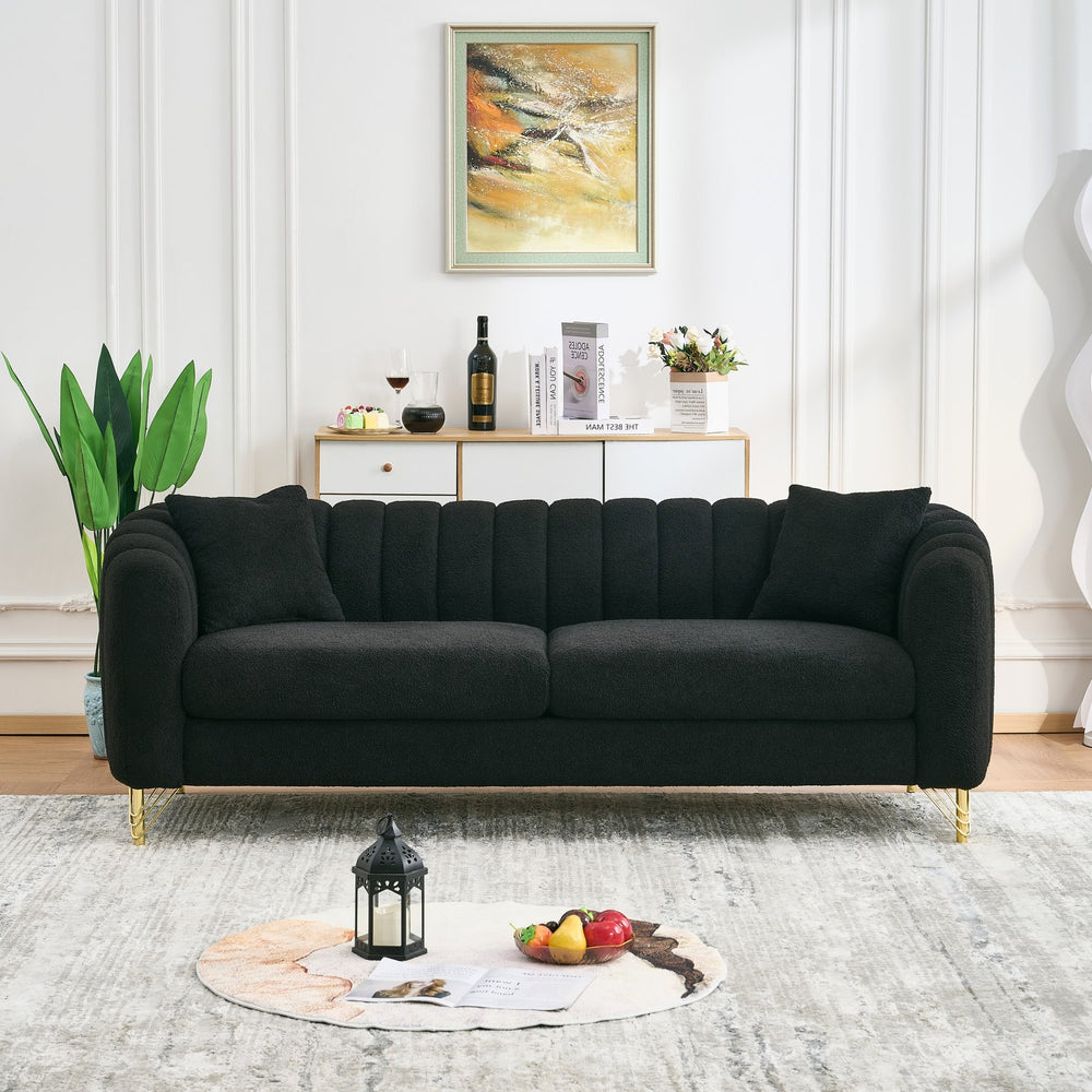 English Elm 85" Oversized Chenille Sofa Luxury 3-Seater Deep Tufted Couch with Gold Metal Legs and Pillows Black W3373S00035