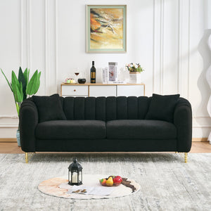 English Elm 85" Oversized Chenille Sofa Luxury 3-Seater Deep Tufted Couch with Gold Metal Legs and Pillows Black W3373S00035
