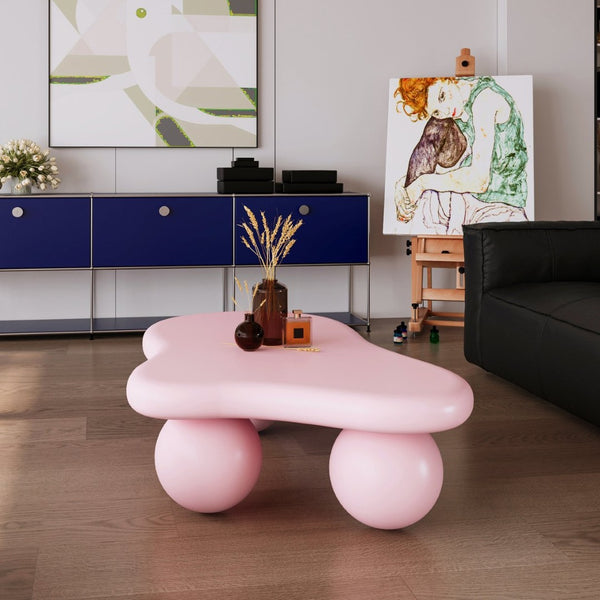 English Elm 47 Inch Organic Cloud Silhouette Coffee Table with Sculptural Ball Legs for Living Rooms Pink W1435S00019