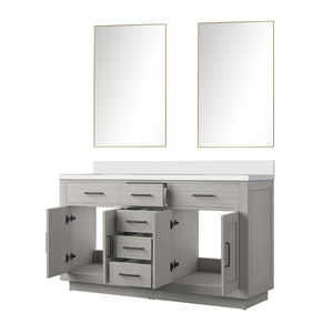 English Elm White Oak Double Bath Vanity 60” With White Quartz Top & 55” Frameless Mirror, Stylish Storage Solution B2731S01411-GIGA
