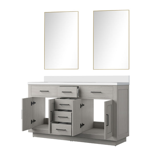 English Elm White Oak Double Bath Vanity 60” With White Quartz Top & 55” Frameless Mirror, Stylish Storage Solution B2731S01411-GIGA