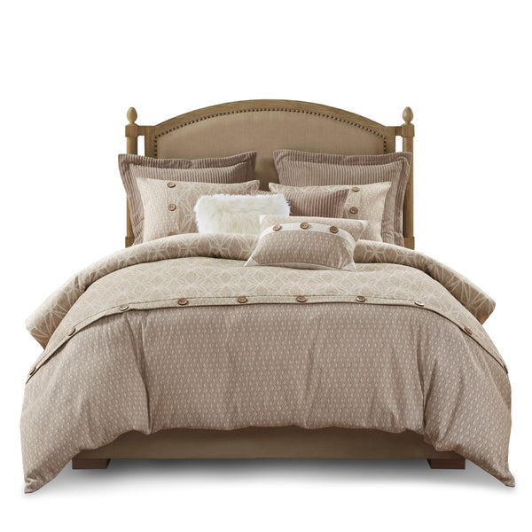 JLA Home Madison Park Signature - 8 Oversized Jacquard Comforter Set with Geometric Taupe Ivory Design, Plush Duvet Insert & Pillows 110 L x 96 W x 1.5H MPS10-485