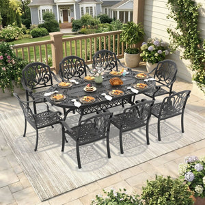 English Elm 9-piece Cast Aluminum Outdoor Dining Set Seats 8 with Carved Patio Elegance W1710S00656