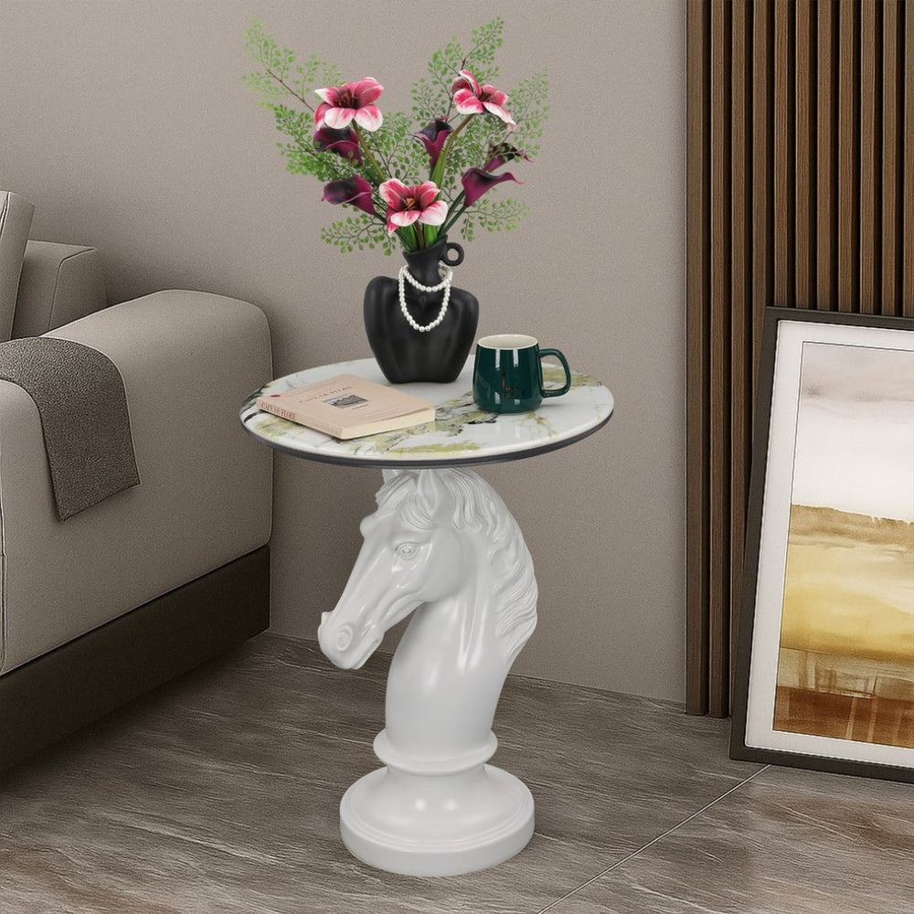 English Elm Horse Head Sculpted Resin End Table with Faux Marble Top for Bold Living Rooms White W5398P454678