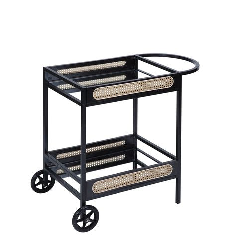 English Elm Colson Black Finish Serving Cart with Mirrored Shelf, Rattan Accents, Metal Frame & 2 Wheels, KD B2726P292343