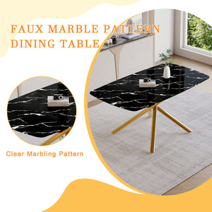 English Elm 63"x35.4" Luxurious Marble-Patterned Tempered Glass Dining Table with Gold Fork Legs, Scratch-Resistant Elegance Black+Gold W1151S03298