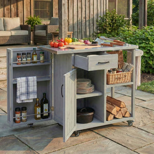 English Elm Foldable Outdoor Kitchen Cart with Stainless Worktop Fir Wood Frame and Lockable Wheels Grey N719P380278E