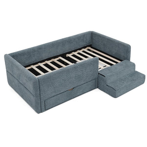 English Elm Twin Boucle Upholstered Kids Bed with Guardrails Built in Storage and Cushioned Step Stool Navy W1413P433366