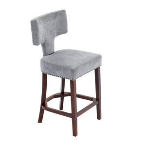 English Elm Mid Century Modern Counter Height Bar Stools Set of 2 with Curved Copper-Stud Back, Foam Spring Cushion, Walnut Legs and Adjustable Balance Studs Gray W1143P296348