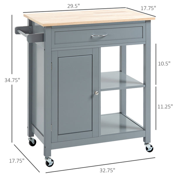 English Elm HOMCOM Mobile Kitchen Island Cart with Solid Wood Top, Drawer, Cabinet & Towel Rack for Dining Room Grey W2225P217391