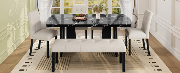 English Elm 6 Piece Dining Set with Rectangular Solid Wood Table, Upholstered Chairs & Bench, Rustic Charm, Easy Assembly, Seats 6 Beige,Black N752S000011A