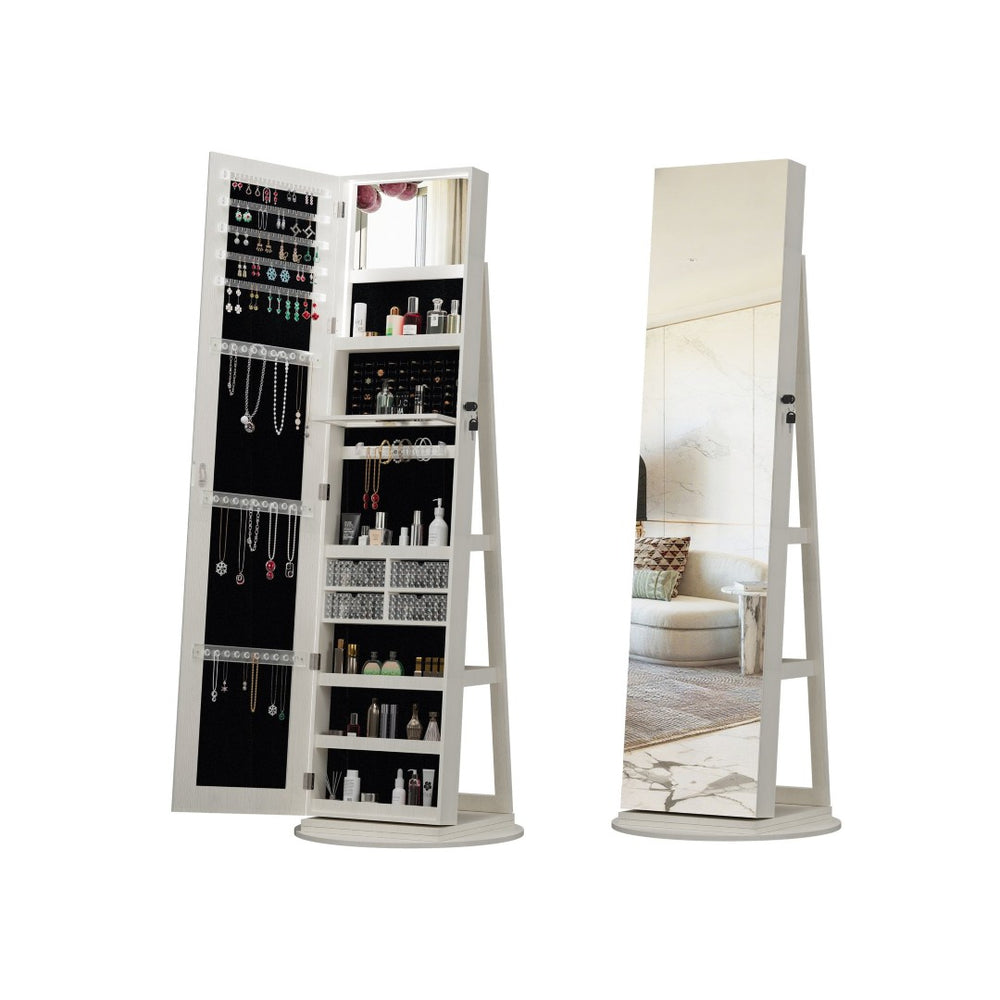 English Elm 360°swivel Jewelry Armoire with Lighted Interior Full Length Mirror Lockable White W3406P411303