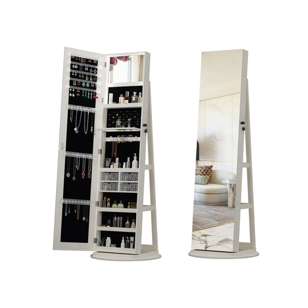 English Elm 360°swivel Jewelry Armoire with Lighted Interior Full Length Mirror Lockable White W3406P411303
