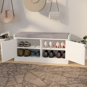English Elm Shoe Storage Bench with Cushion and 2-Door Cabinet, Ventilated, Adjustable Shelves, 300lb Seat W760P206351