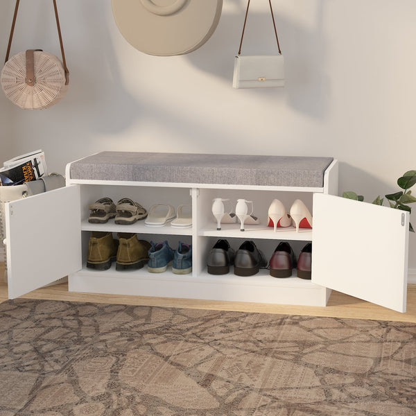 English Elm Shoe Storage Bench with Cushion and 2-Door Cabinet, Ventilated, Adjustable Shelves, 300lb Seat W760P206351