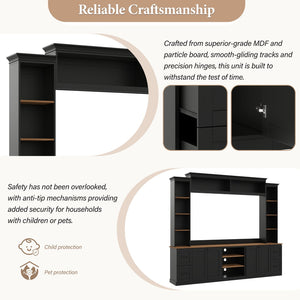 English Elm Unique Low Profile Media Console with Led Lighting Glass Shelves Fits Tvs to 105 Black N721S000077B