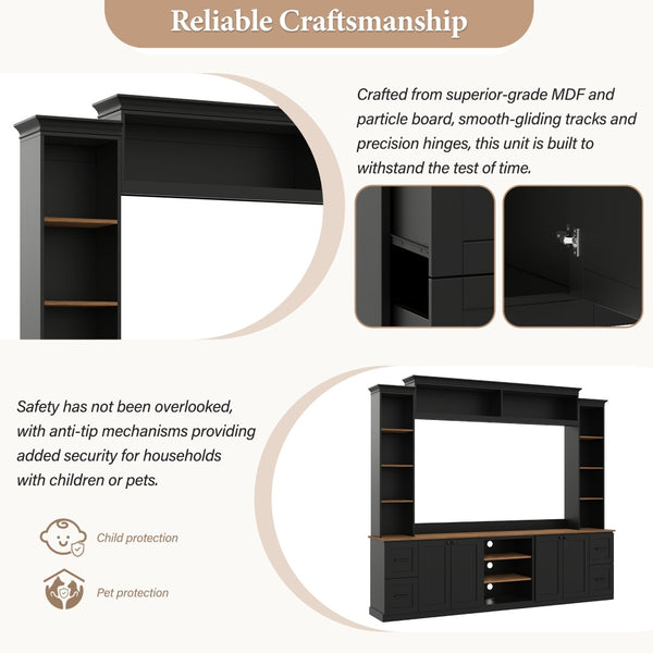 English Elm Unique Low Profile Media Console with Led Lighting Glass Shelves Fits Tvs to 105 Black N721S000077B