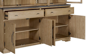English Elm 2 Piece Cabinet Hutch and Buffet Cashew — Solid Wood + MDF, Concrete Top, Framed Glass Display, Ample Storage Light Tan 75.25 L x 22.75 W x 42 H B2699S00094