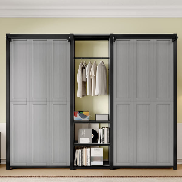 English Elm Twin Twin Murphy Bed with Metal Frame, Foldable 2-in-1 Space-Saving Design, Built-In Wardrobe, Shelves, Power Outlets and Durable Storage Solution Gray W1580S00148