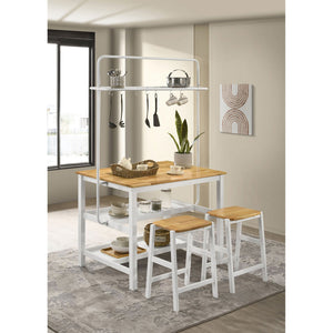 English Elm Prager Farmhouse 3-Piece Kitchen Island with Overhead Rack, Hooks & Shelves, Two Backless Stools, White B062S00619