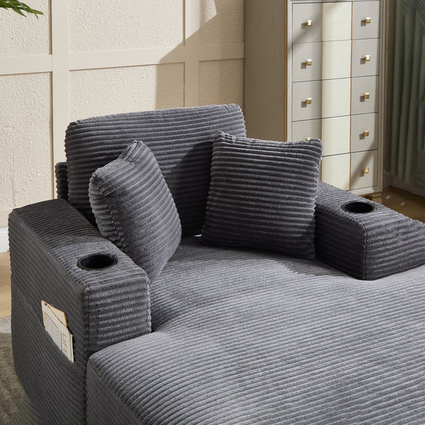 English Elm [New]Corduroy Upholstered Chaise Lounge Sofa with Detachable Cushions, Deep Seat, Cup Holders Grey W2120P322753