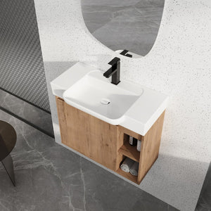 English Elm 28'' Floating Bathroom Vanity with Ceramic Sink Soft Close Door Melamine Cabinet Imitative Oak W999P426637