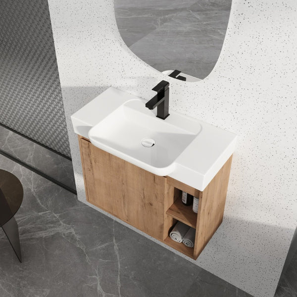 English Elm 28'' Floating Bathroom Vanity with Ceramic Sink Soft Close Door Melamine Cabinet Imitative Oak W999P426637