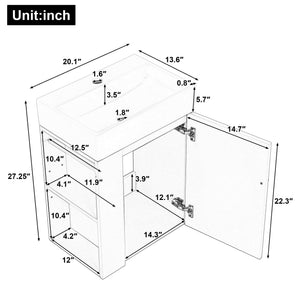 English Elm 20 Modern Wall-Mounted Bathroom Vanity with Ceramic Sink, Diamond Door, Gold Handles & Shelves — Compact White N725P314033K