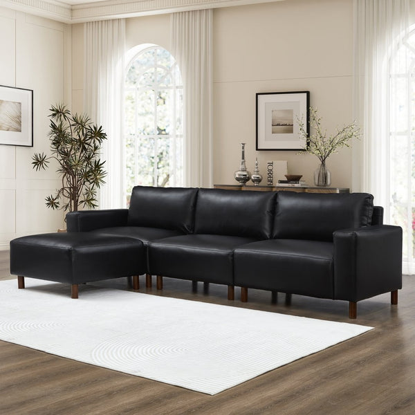 English Elm Modern Pu Leather L-shaped Sectional with Convertible Ottoman Chaise for Living Rooms Black W1097S00261