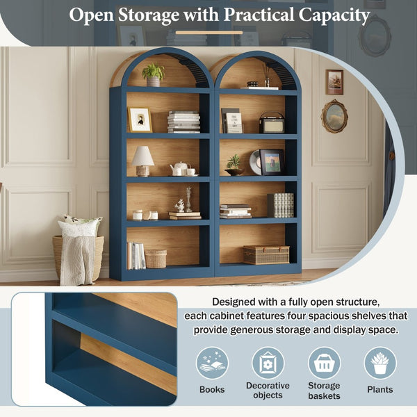 English Elm On-trend Farmhouse Two-tone Bookcase Set Arched Fabric Crown Open 5-tier Shelving Blue N721P411205C
