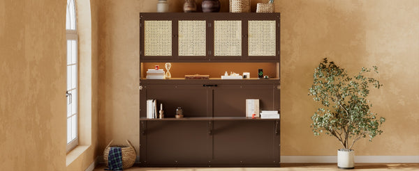 English Elm Twin Murphy Bed with Rattan Cabinet Doors Led Lighting and Usb Charging for Small Spaces Espresso LP000740AAP