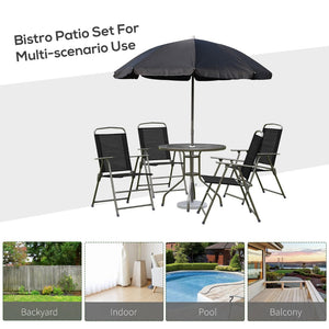 English Elm Outsunny 6-Piece Patio Dining Set For 4 With Umbrella, Black Glass Table & Folding Chairs, Perfect Outdoors W2225P200910-GIGA