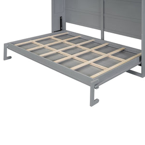 English Elm Full Size Murphy Wall Bed with Rattan Panel Cabinet for Studio and Guest Rooms Gray N708S00011E-2