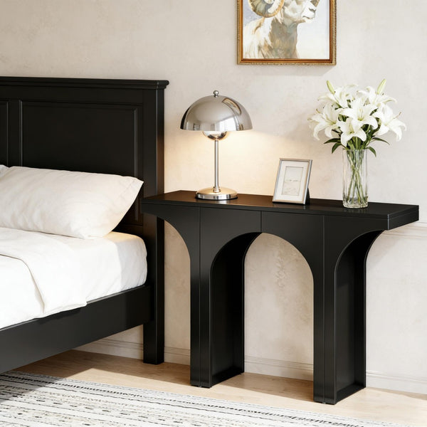 English Elm Entryway Console Table with Sculptural Stacked Wood Panels and Open Arc Base T3971P453499